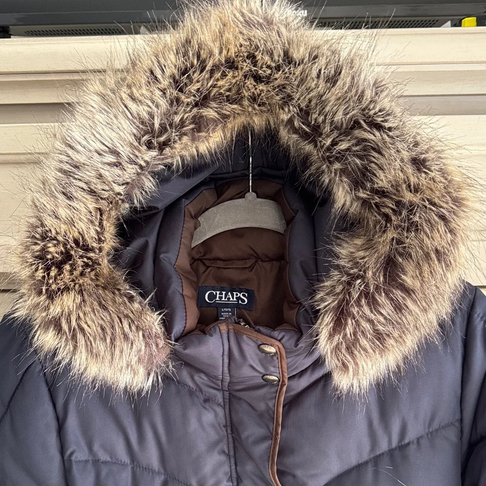 Chaps Dark Blue Puffer Jacket with Faux Fur Trim Hood SZ Large